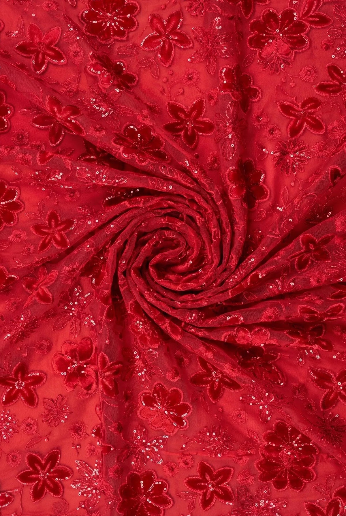 Red Sudanese Jirtig toub closeup with floral velvet embroidery on a red background
