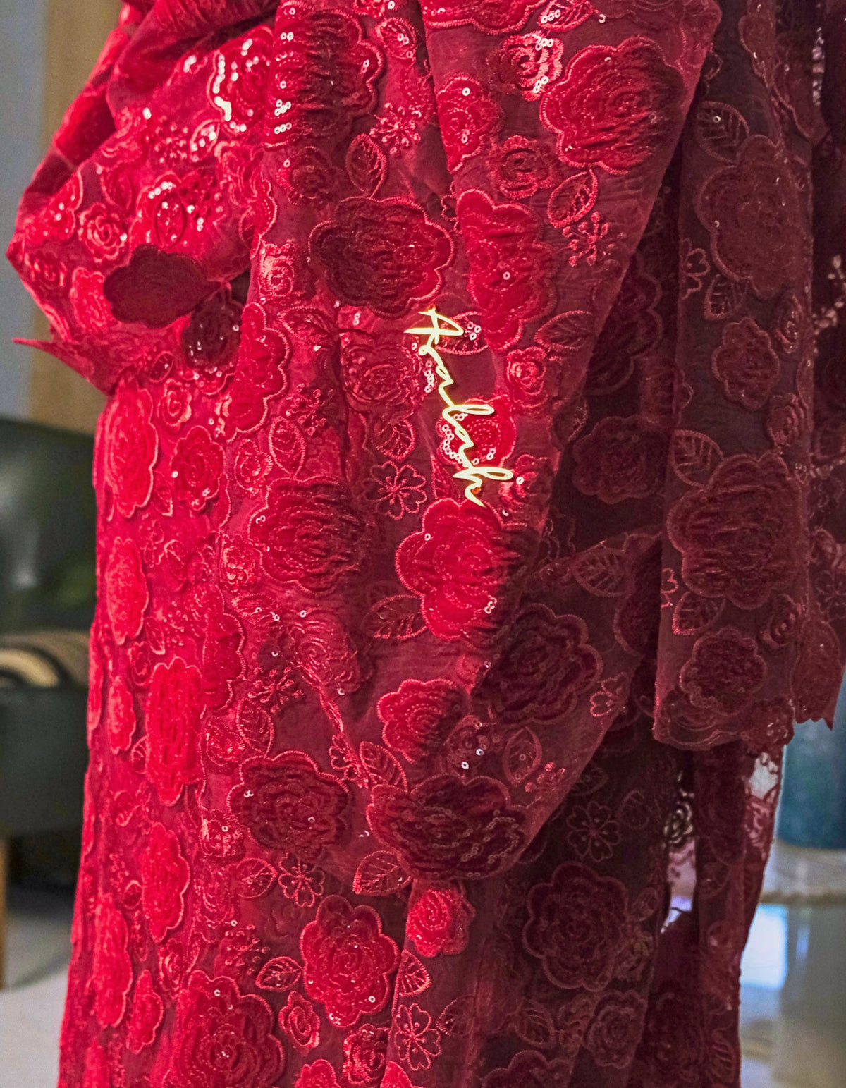 Jumanah Toub - Red Sudanese toub close-up of floral sequin details