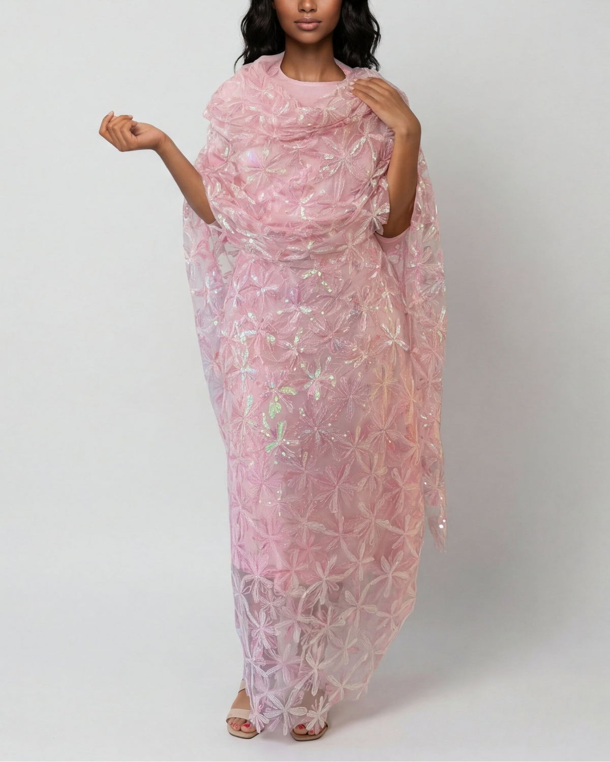 Luma pink Sudanese toub with daisy sequin embroidery in pink and white, front view worn draped