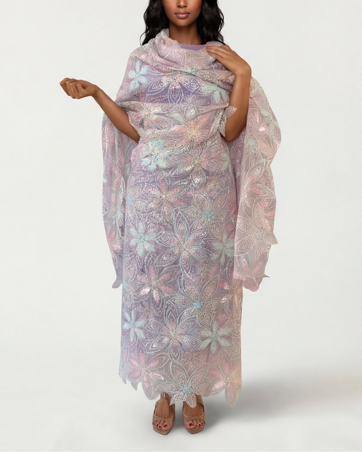 Rawda dusty blush Sudanese toub with pink mint and gold floral sequin embroidery, front view worn draped