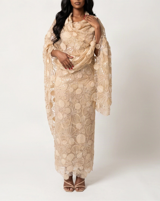 Hala Toub - Beige Sudanese toub with circular sequin and bead embroidery, front full view worn draped