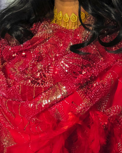 Jamar Toub - Red Sudanese toub close-up of sequin and feather details
