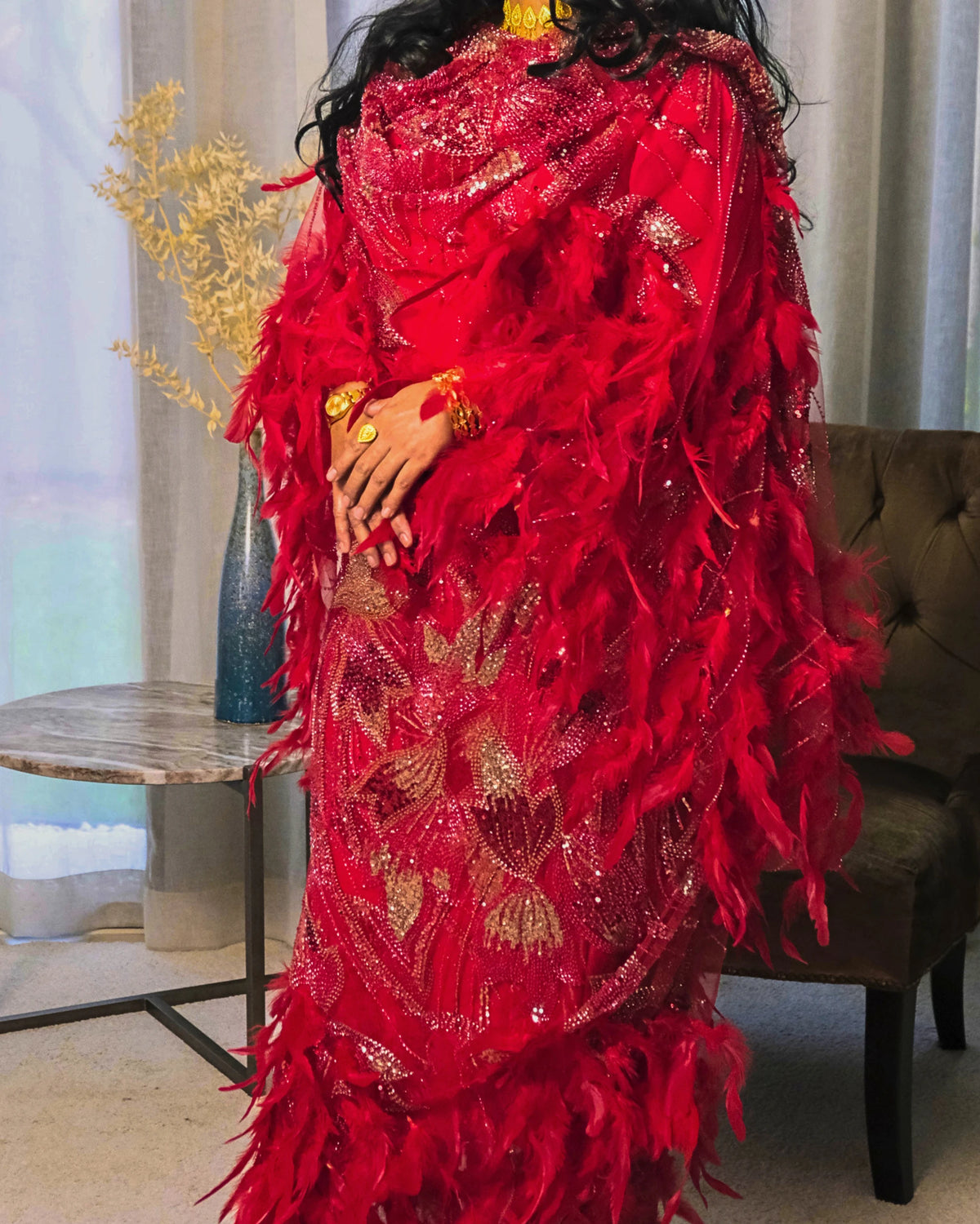 Jamar Toub - Red Sudanese toub with sequin and feather embroidery, full front view