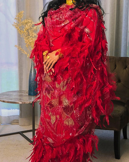 Jamar Toub - Red Sudanese toub with sequin and feather embroidery, full front view