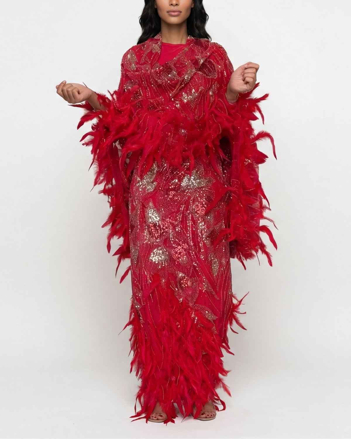 Jamar red jirtig toub with sequin embroidery and feathers, front view draped