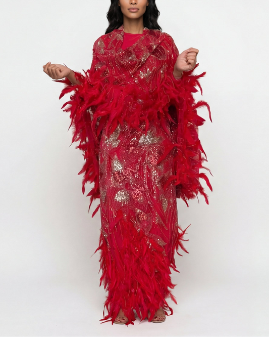 Jamar red jirtig toub with sequin embroidery and feathers, front view draped