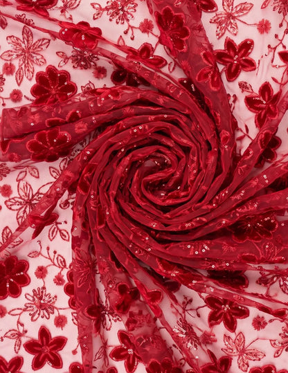 Red Sudanese Jirtig toub closeup with floral velvet embroidery