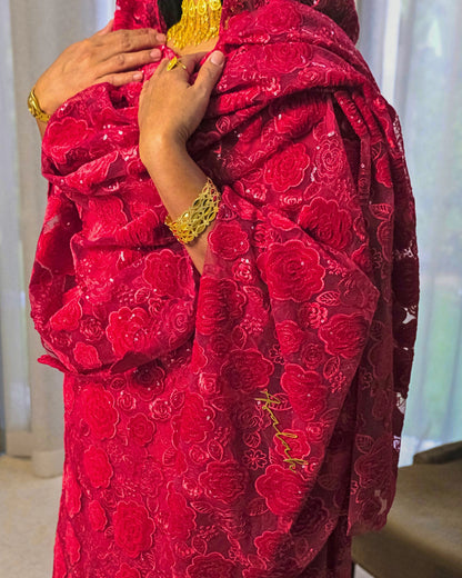 Jumanah Toub - Red Sudanese toub with floral sequin embroidery, close-up view