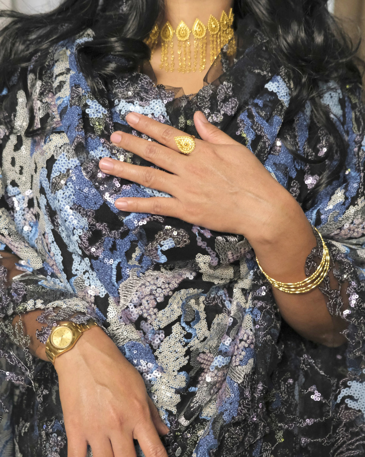 Layl Toub - Black Sudanese toub close-up of sequin floral details