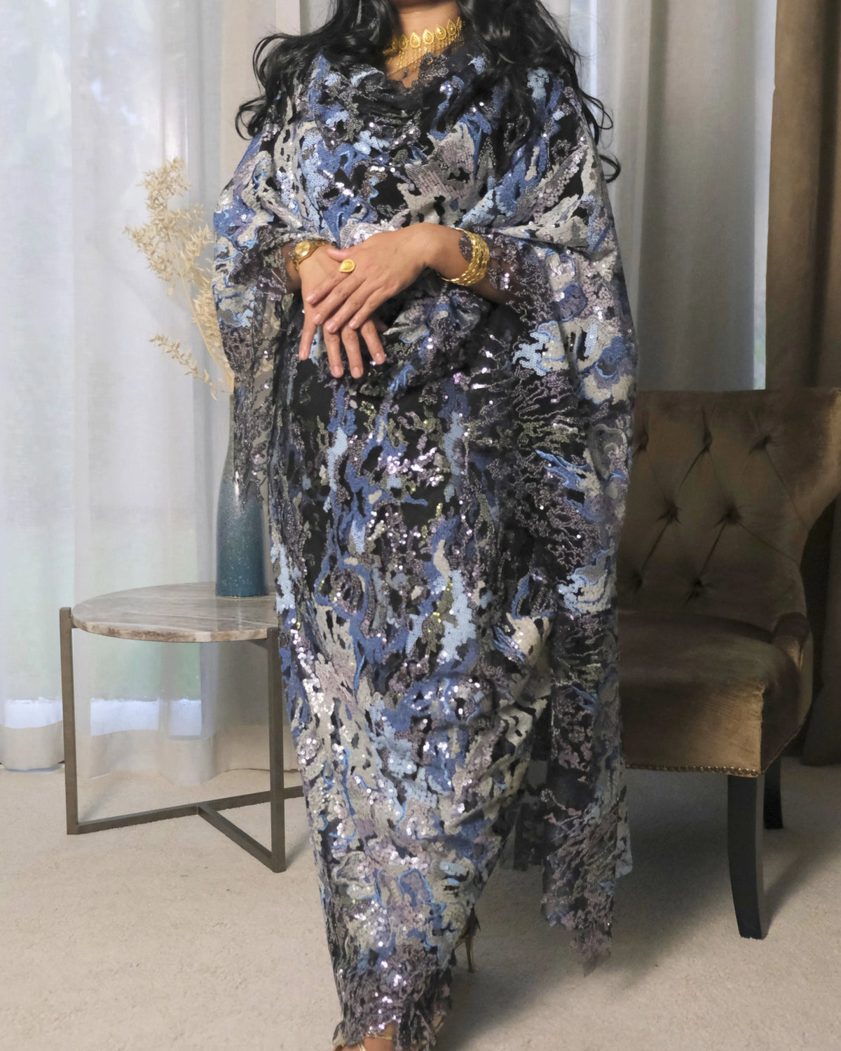 Layl Toub - Black Sudanese toub with blue and silver sequin embroidery, full front view