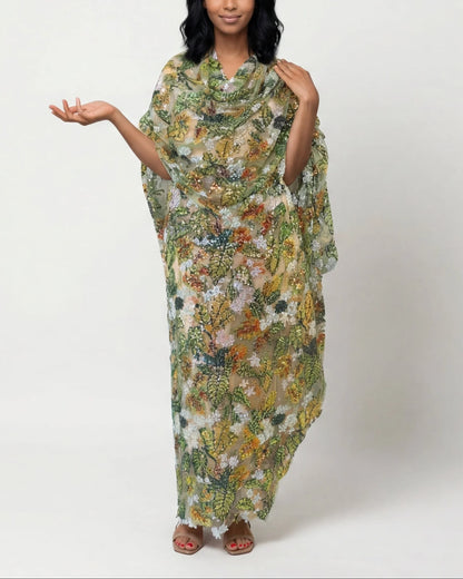 Nadrah multicolor botanical Sudanese toub with sequin embroidery, front view worn draped