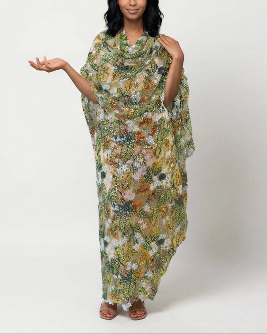 Nadrah multicolor botanical Sudanese toub with sequin embroidery, front view worn draped