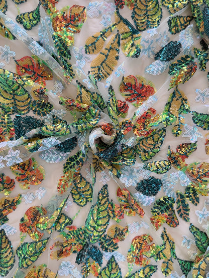 Close-up of green gold orange teal sequin work on Nadrah sudanese toub