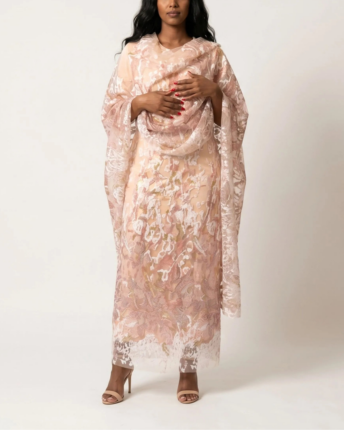 Nahla - rose pink Sudanese toub with floral sequin embroidery in blush and gold, worn draped