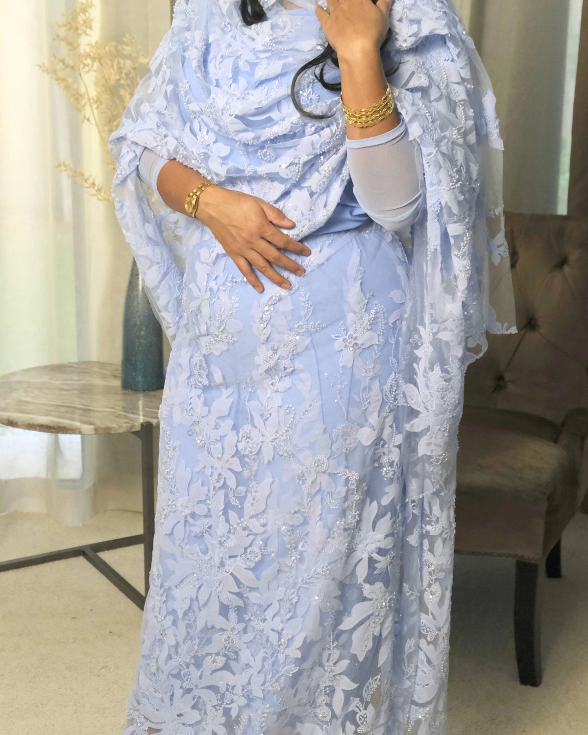 Safa Toub - Sky Blue Sudanese toub with floral lace, sequins and beadwork, full front view
