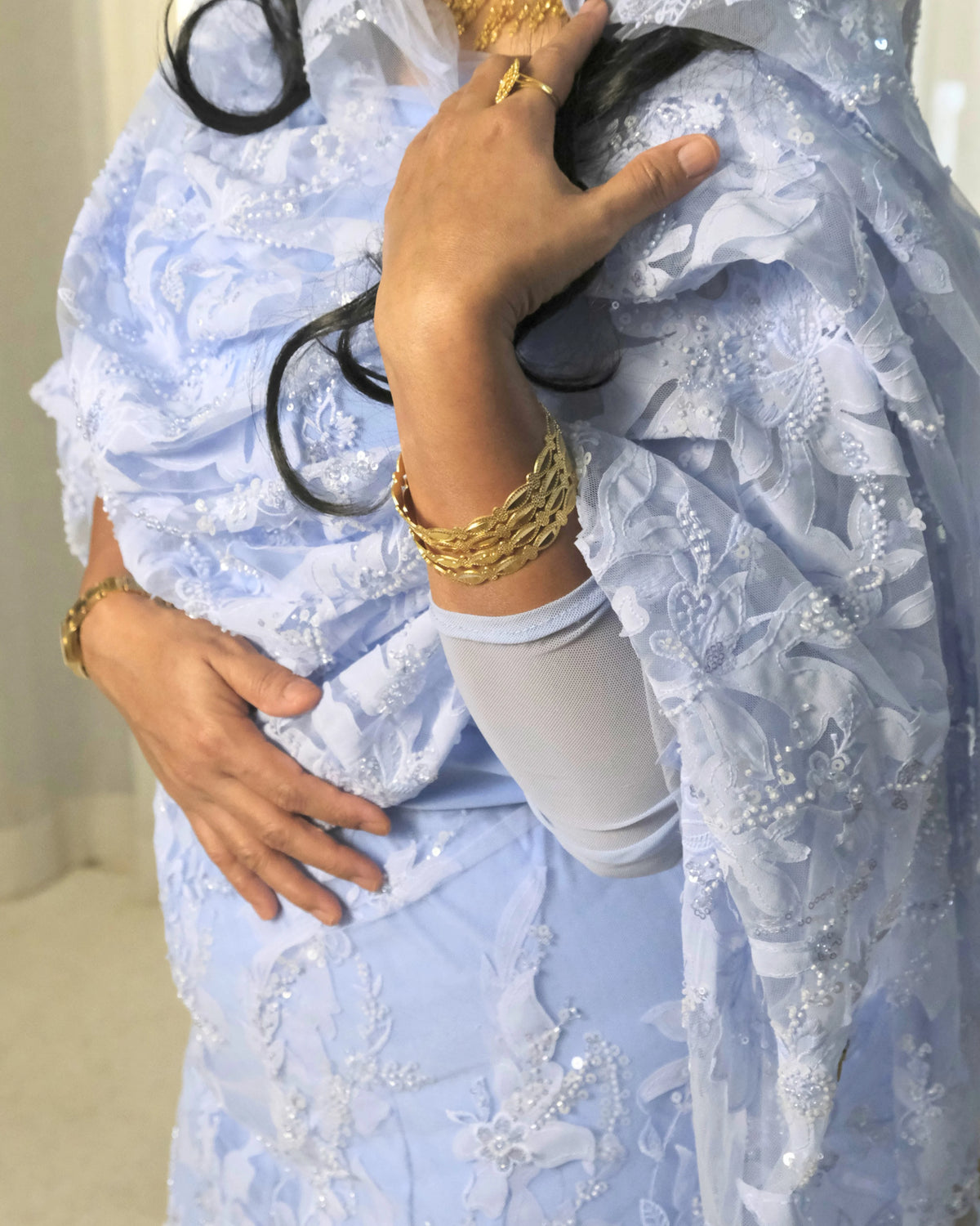 Safa Toub - Sky Blue Sudanese toub with floral lace, sequins and beadwork, side view
