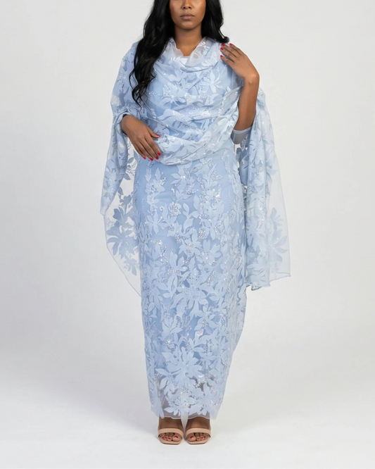 Safa Sky Blue Sudanese toub with tonal floral embroidery and sequin detail, front view worn draped