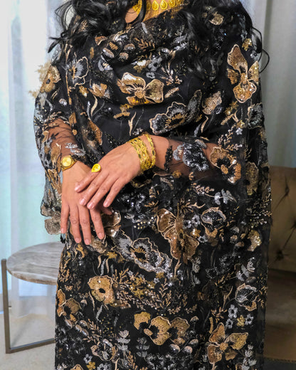 Samar Toub - Black Sudanese toub close-up of gold and silver sequin details