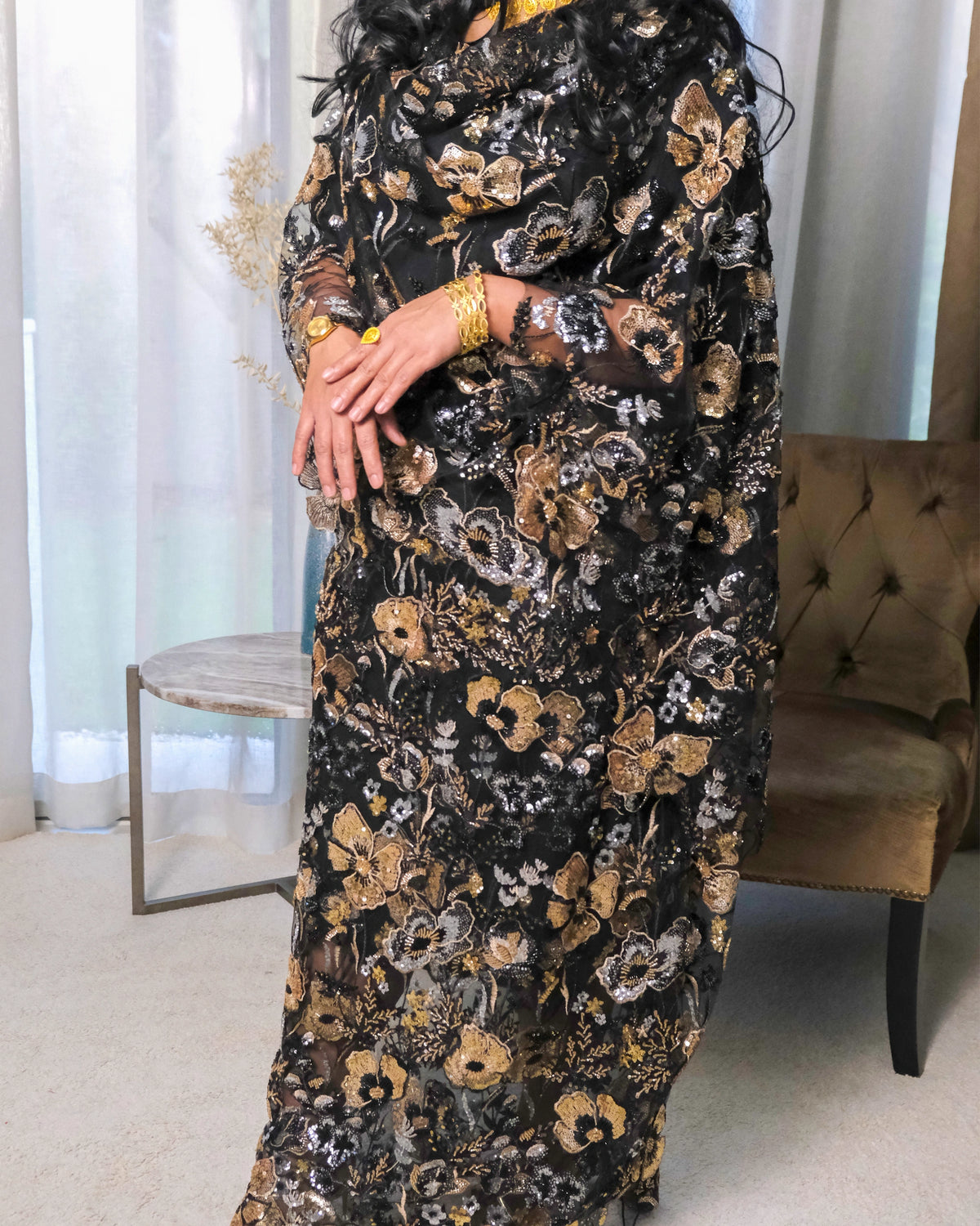 Samar Toub - Black Sudanese toub with gold and silver sequin floral embroidery, full front view