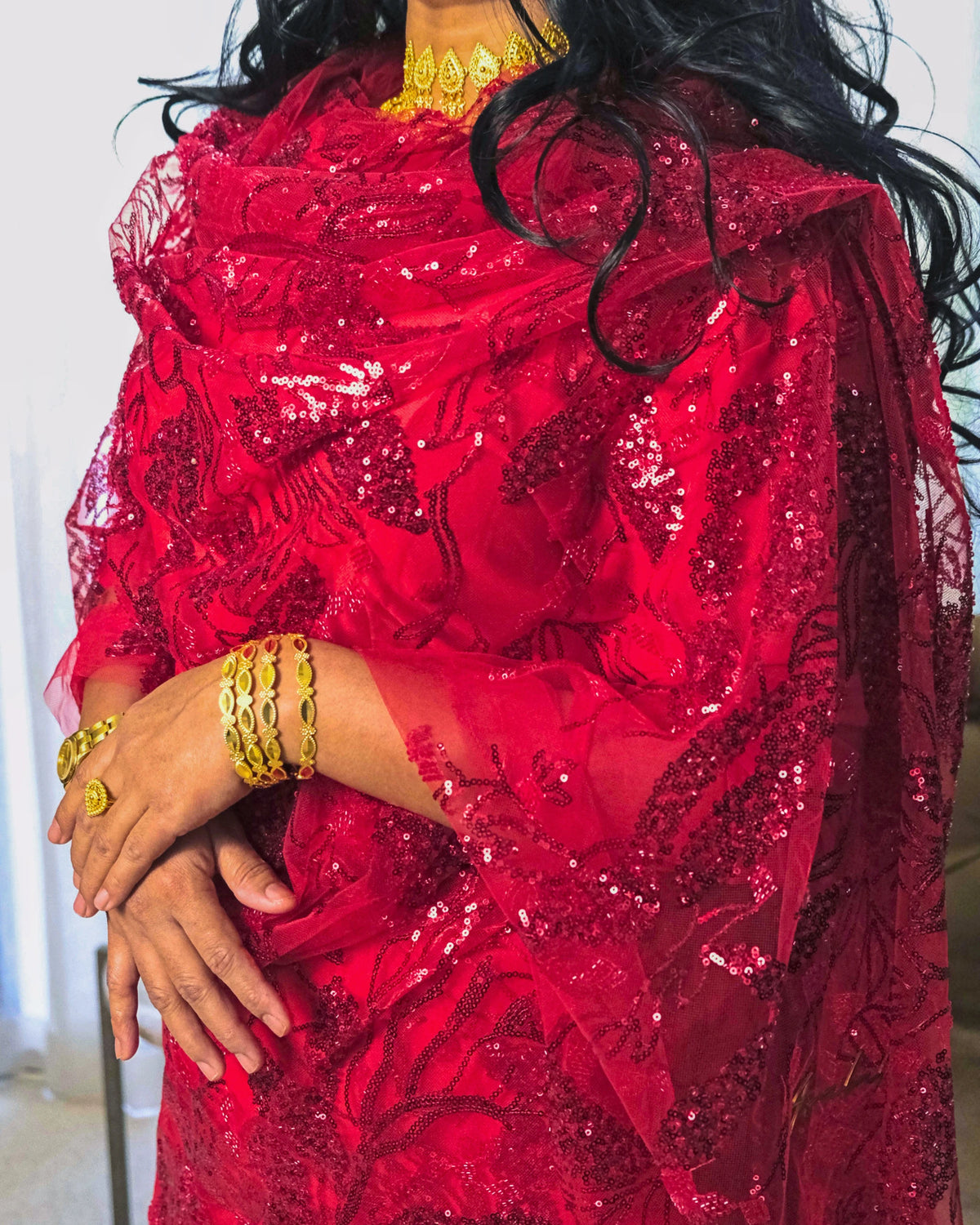 Shafaq Toub - Red Sudanese toub close-up of sequin lace details