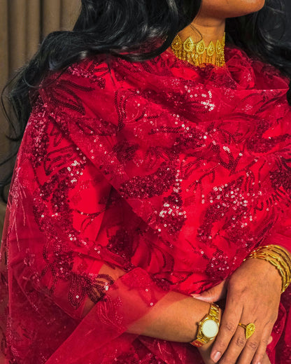 Shafaq Toub - Red Sudanese toub close-up of sequin lace details