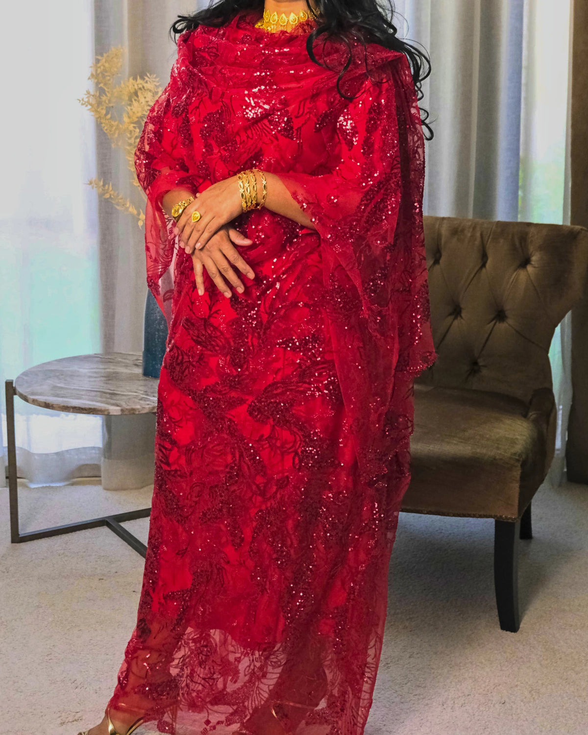 Shafaq Toub - Red Sudanese toub with sequin lace embroidery, full front view