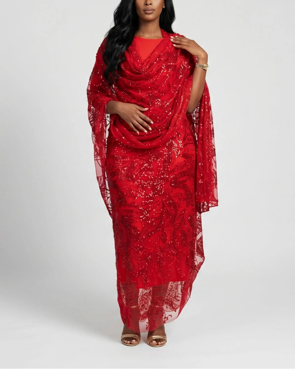 Shafaq Scarlet red Sudanese Jirtig toub with tonal botanical sequin embroidery, front view worn draped