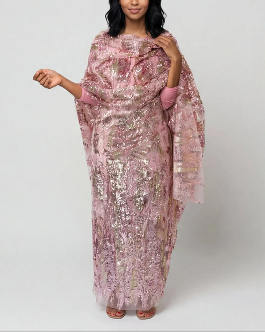Wardah pink Sudanese toub with sequin embroidery, front view worn draped