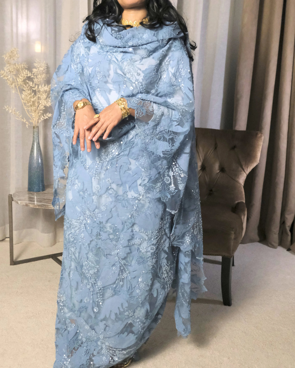 Zahrah Toub - Light Blue Sudanese toub with floral lace and sequin embroidery, full front view