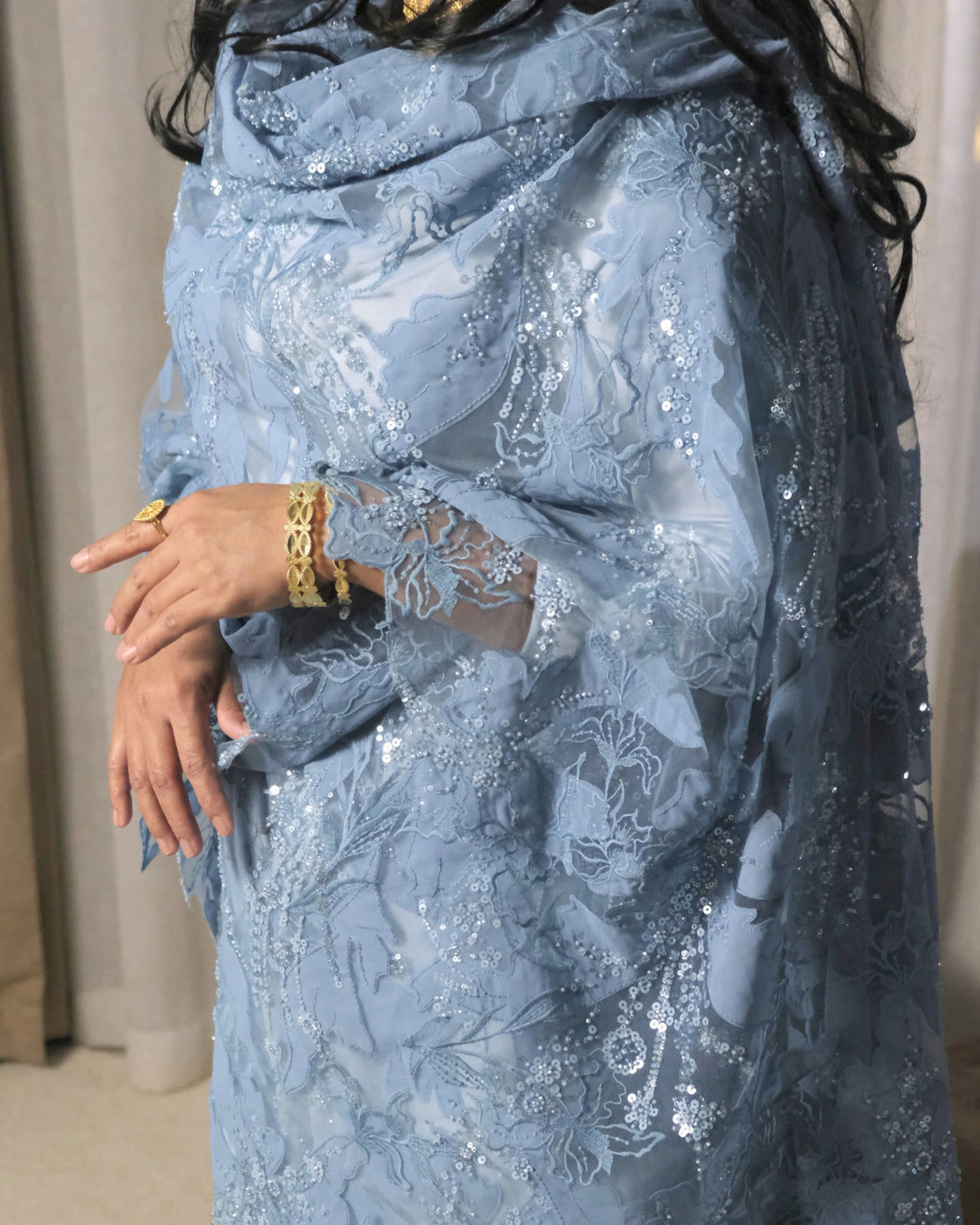 Zahrah Toub - Light Blue Sudanese toub close-up of floral lace and sequin details