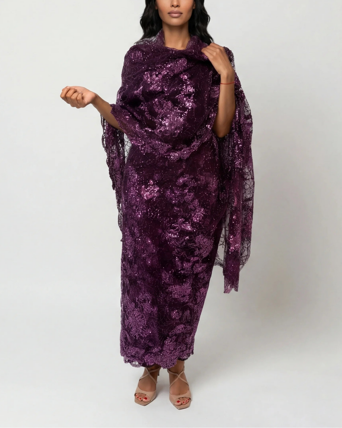 Alya deep purple Sudanese toub with dense purple and pink sequin embroidery, front view worn draped