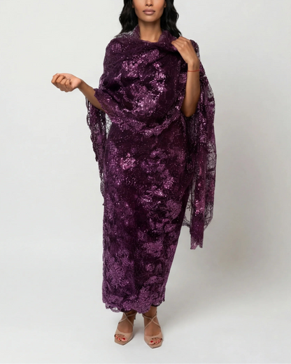 Alya deep purple Sudanese toub with dense purple and pink sequin embroidery, front view worn draped