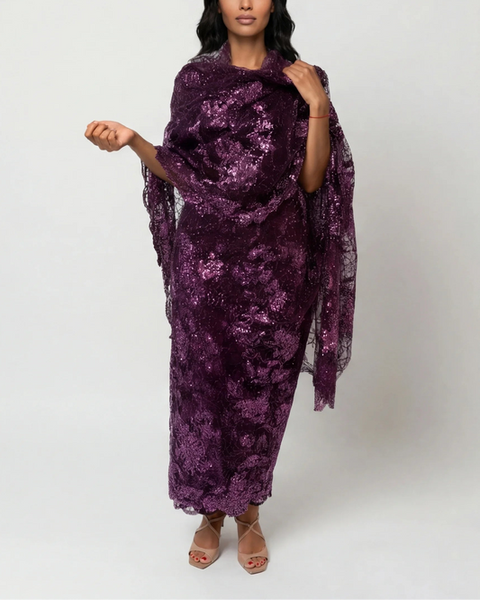 Alya deep purple Sudanese toub with dense purple and pink sequin embroidery, front view worn draped